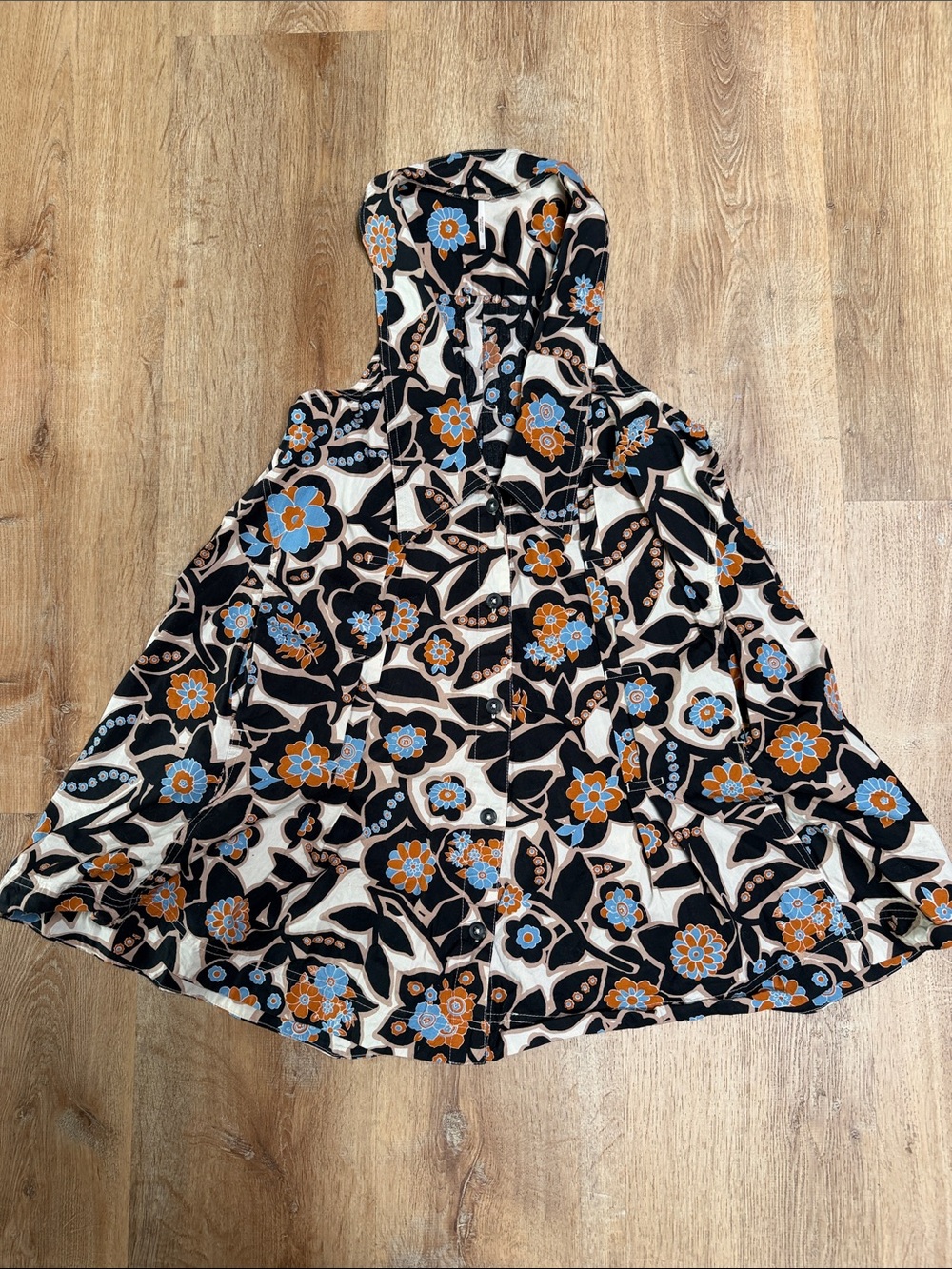 Free People Floral Hooded Mini Dress - Black, Cream, Blue & Orange